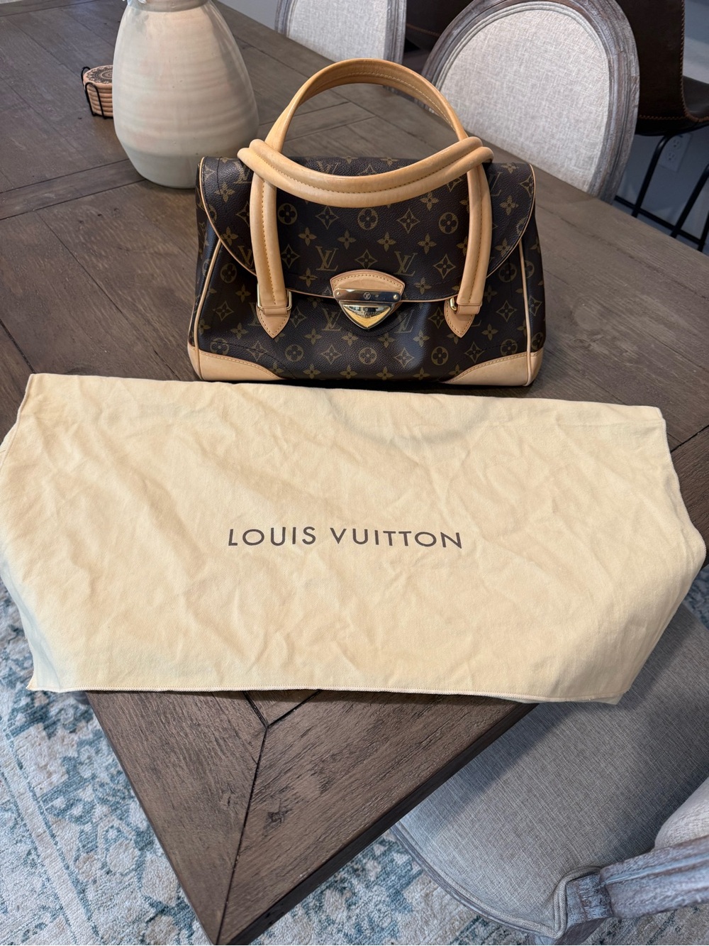 Louis Vuitton Monogram Canvas Satchel with Tan Leather Handles - Picture 2 of 9